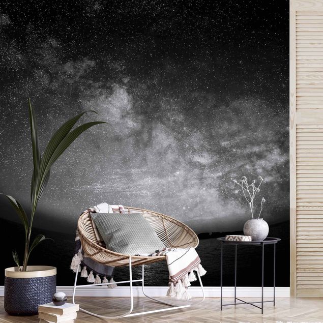 Wanddeko Wohnzimmer Sonne und Sternenhimmel am Meer Schwarz-Weiß