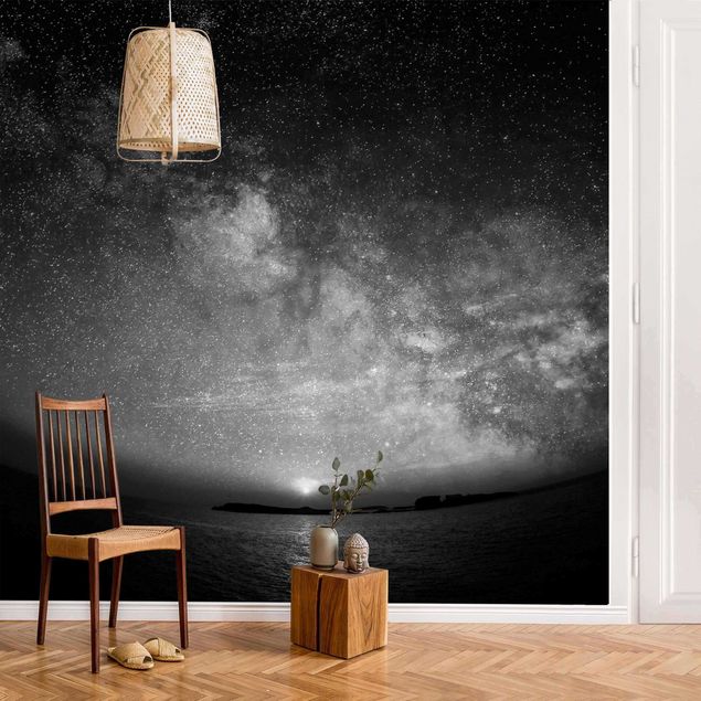 Wanddeko Schlafzimmer Sonne und Sternenhimmel am Meer Schwarz-Weiß