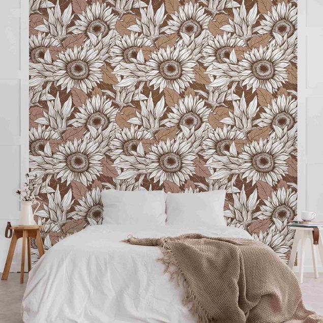 Wanddeko Schlafzimmer Sonnenblumenfeld in Beige