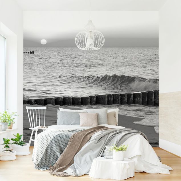 Wanddeko Schlafzimmer Sonnenuntergang am Meer Schwarz-Weiß