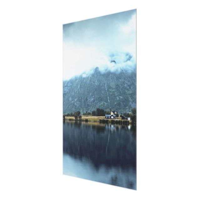 Glasbild Berg Spiegelung auf den Lofoten