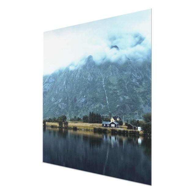Glasbild Berg Spiegelung auf den Lofoten