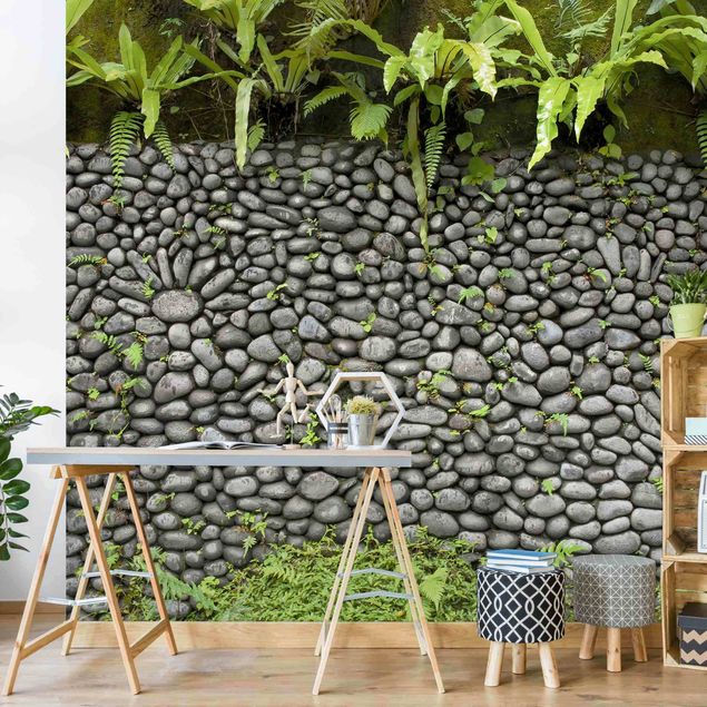Wanddeko Wohnzimmer Steinwand mit Pflanzen