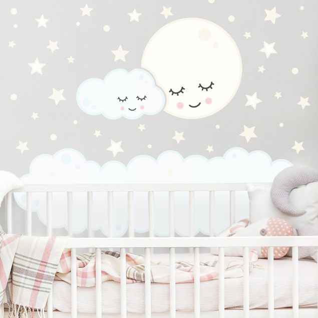 Wanddeko Büro Sterne Mond Wolke mit schlafenden Augen