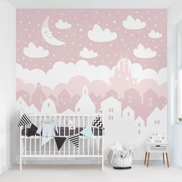 Kinderzimmer Deko Sternenhimmel mit Häusern und Mond in rosa