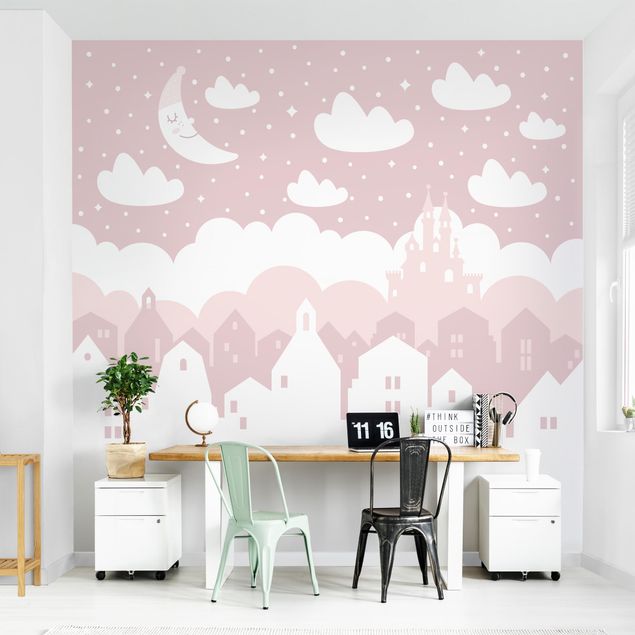 Wanddeko Mädchenzimmer Sternenhimmel mit Häusern und Mond in rosa