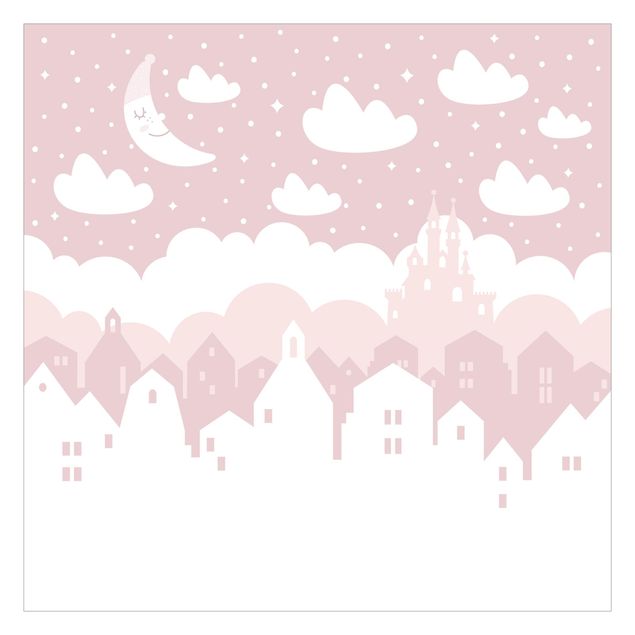 Wanddeko Illustration Sternenhimmel mit Häusern und Mond in rosa
