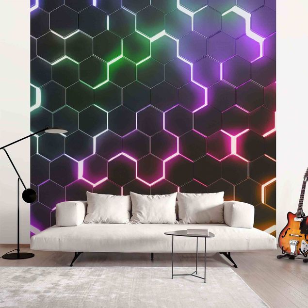Wohndeko 3D Strukturierte Hexagone mit Neonlicht