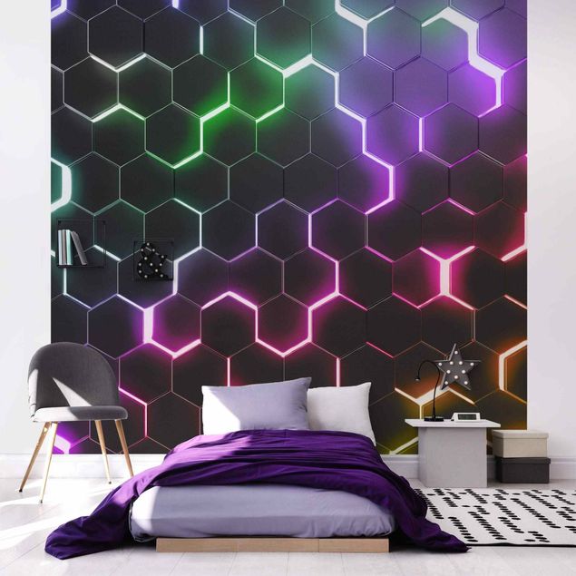 Wanddeko bunt Strukturierte Hexagone mit Neonlicht