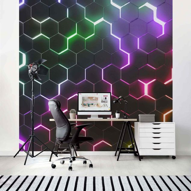 Wanddeko Wohnzimmer Strukturierte Hexagone mit Neonlicht