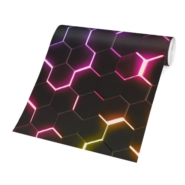Wanddeko Schlafzimmer Strukturierte Hexagone mit Neonlicht