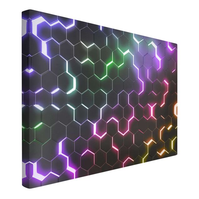 Wanddeko Jungenzimmer Strukturierte Hexagone mit Neonlicht