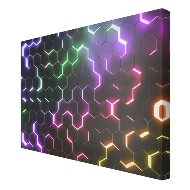 Wanddeko über Sofa Strukturierte Hexagone mit Neonlicht