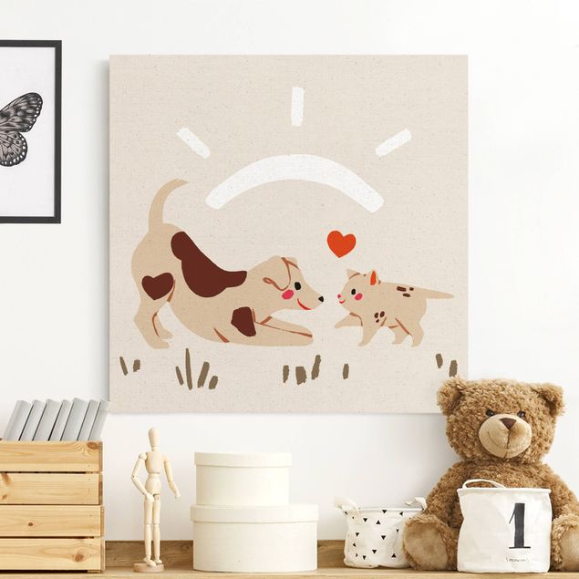 Wanddeko braun Süße Tierillustration - Hund und Katze