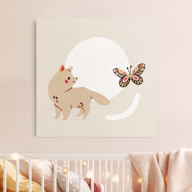 Wanddeko braun Süße Tierillustration - Katze und Schmetterling
