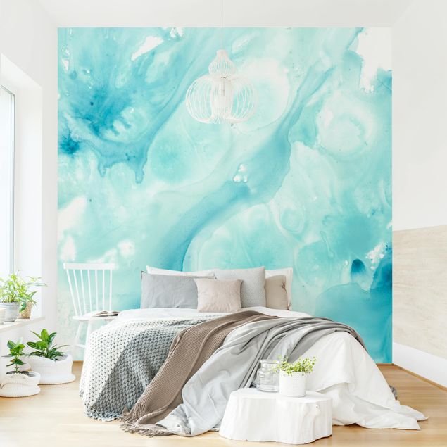 Wanddeko Wohnzimmer Emulsion in weiß und türkis I