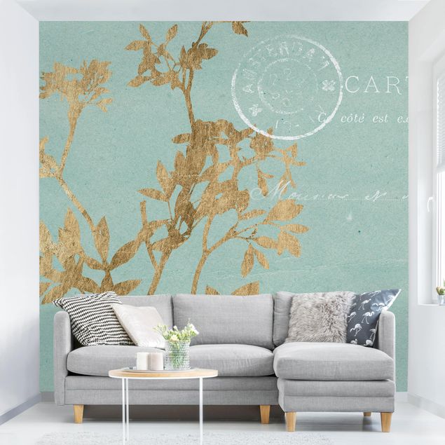 Wanddeko Esszimmer Goldene Blätter auf Turquoise I