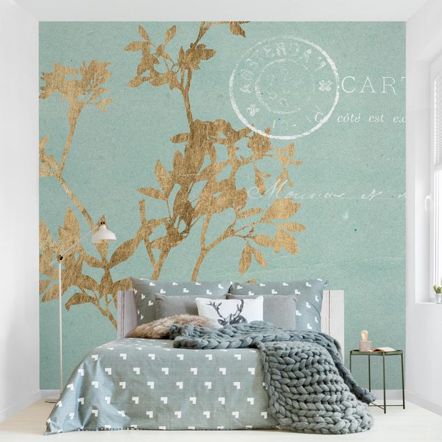 Wanddeko Wohnzimmer Goldene Blätter auf Turquoise I