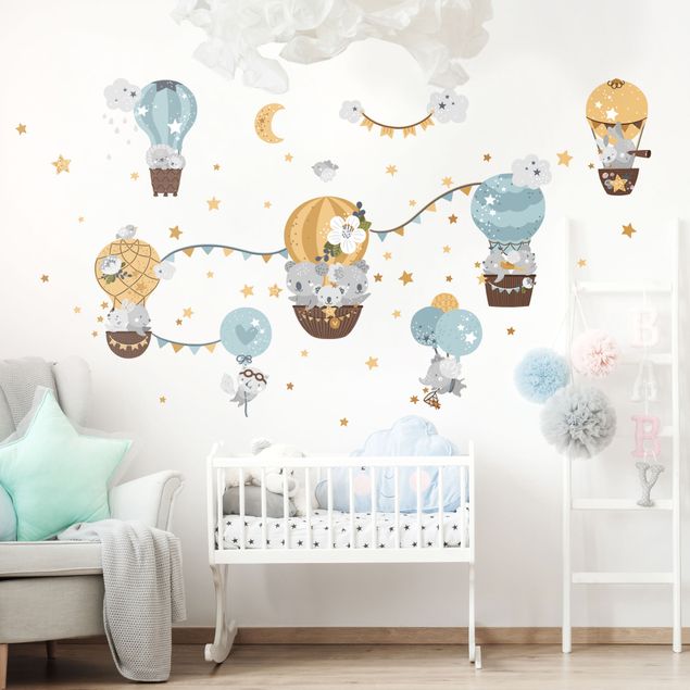 Wanddeko Babyzimmer Tiere in Ballons Wolken Sterne Set