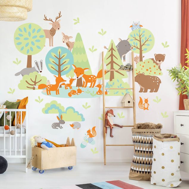 Wanddeko Babyzimmer Tierfamilien Mega-Set mit Füchsen und Bäumen