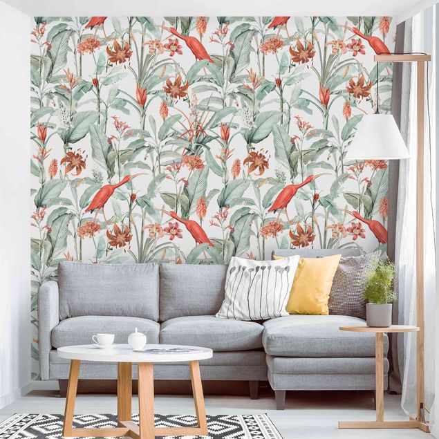 Wanddeko Wohnzimmer Tigerlilie und Kraniche in Botanik