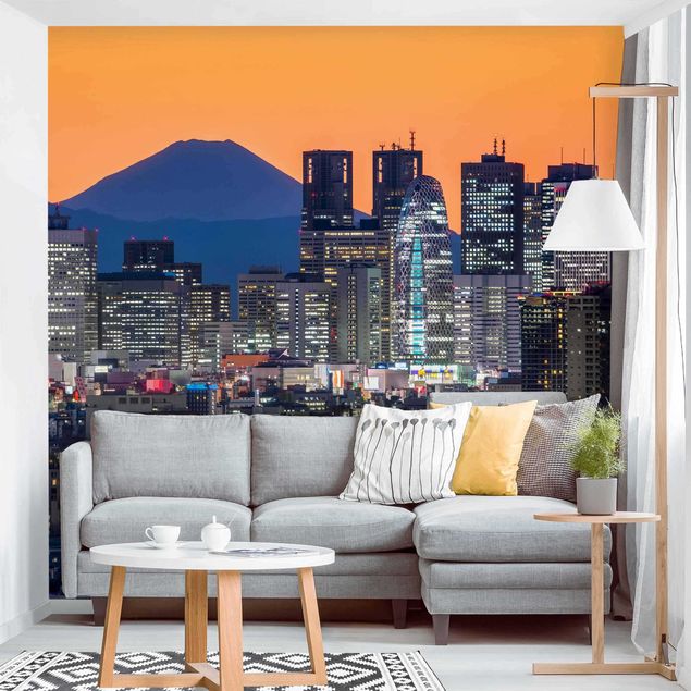 Wanddeko Schlafzimmer Tokio mit dem Fuji am Abend