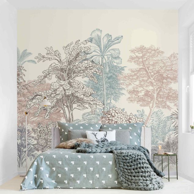 Wanddeko Schlafzimmer Tropenwald mit Palmen in Pastell