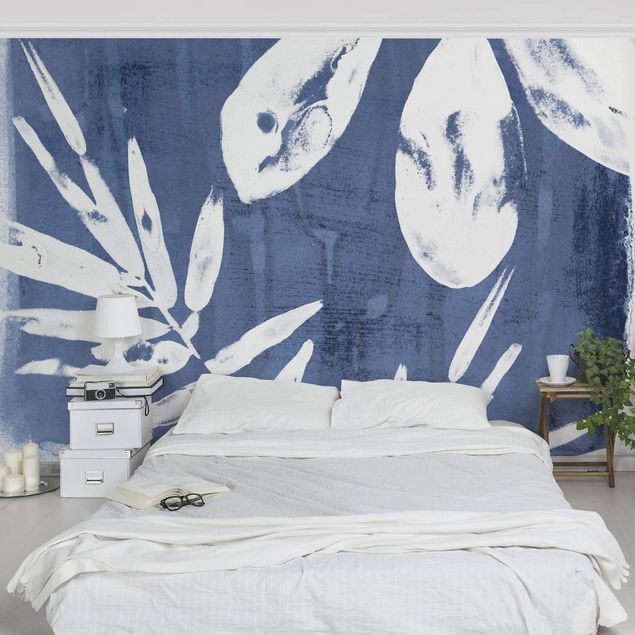 Wanddeko Schlafzimmer Tropische Blätter Indigo II