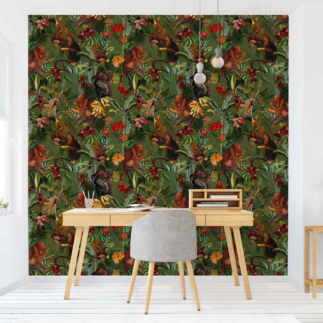 Wanddeko Wohnzimmer Tropische Blumen mit Affen