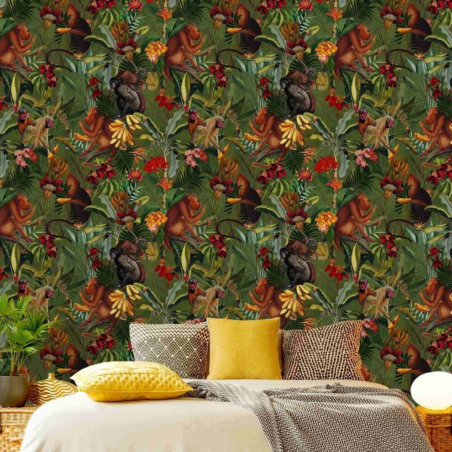 Wanddeko Schlafzimmer Tropische Blumen mit Affen