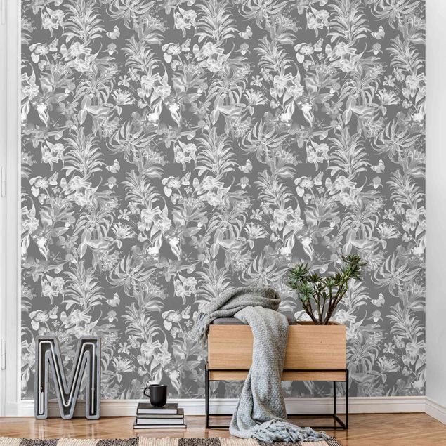 Wanddeko Schlafzimmer Tropische Blumen vor Grau