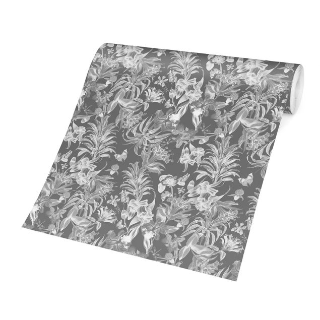 Wanddeko Esszimmer Tropische Blumen vor Grau