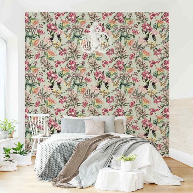 Wanddeko Wohnzimmer Tropische Blumen vor Mint
