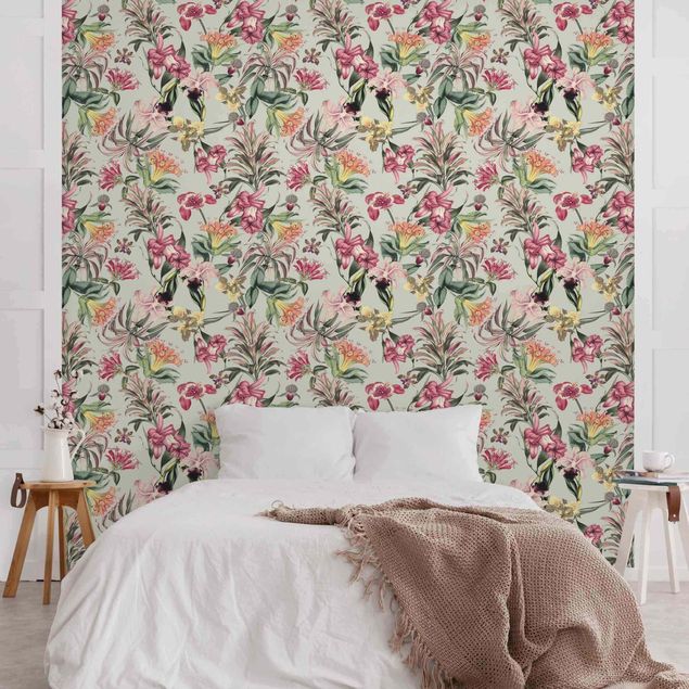 Wanddeko Schlafzimmer Tropische Blumen vor Mint