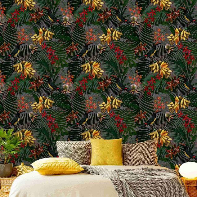 Wanddeko Schlafzimmer Tropische Farne mit Tucan Grün