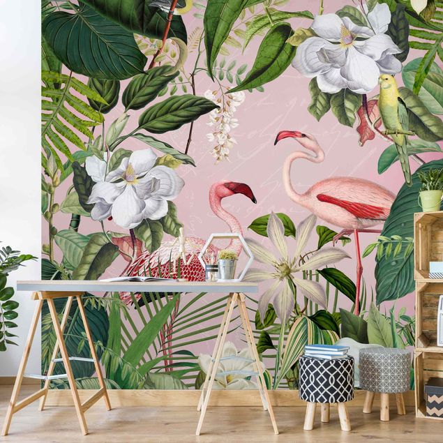 Wanddeko Schlafzimmer Tropische Flamingos mit Pflanzen in Rosa