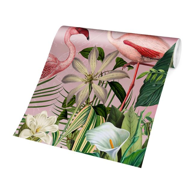 Wanddeko Esszimmer Tropische Flamingos mit Pflanzen in Rosa