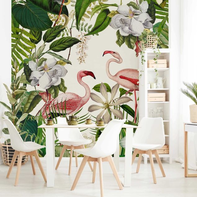 Wanddeko Wohnzimmer Tropische Flamingos mit Pflanzen