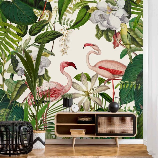 Wanddeko Schlafzimmer Tropische Flamingos mit Pflanzen