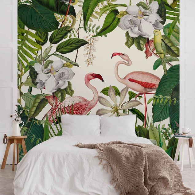 Wanddeko Flur Tropische Flamingos mit Pflanzen