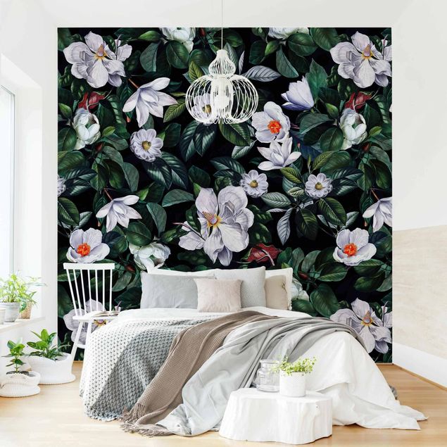 Wanddeko Wohnzimmer Tropische Nacht mit weißen Blumen
