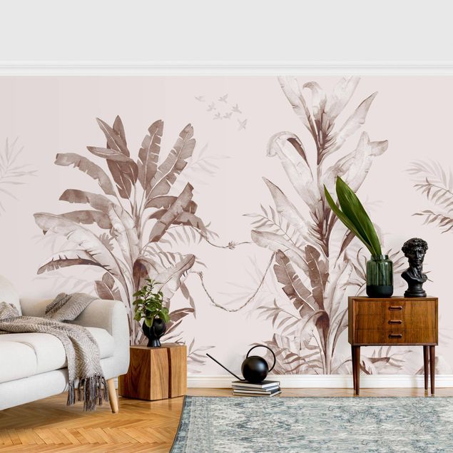 Wanddeko Wohnzimmer Tropische Palmen und Blätter Sepia