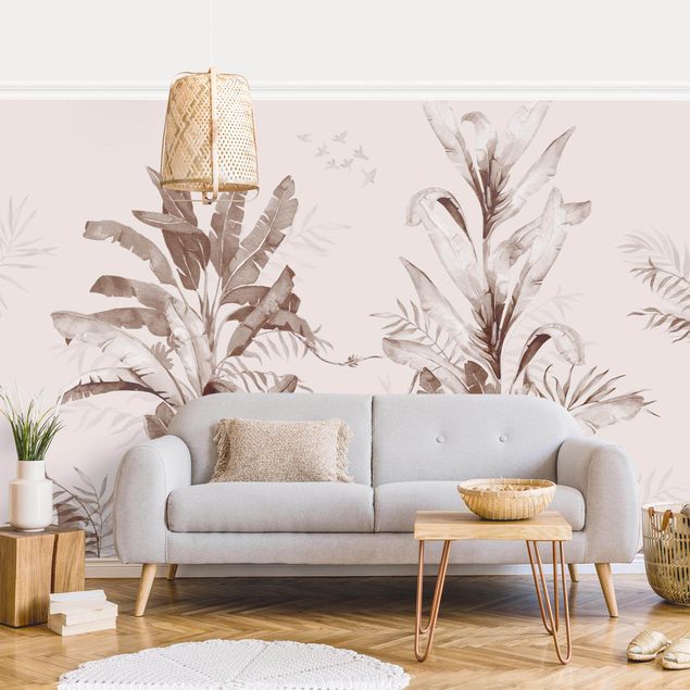 Wanddeko Schlafzimmer Tropische Palmen und Blätter Sepia