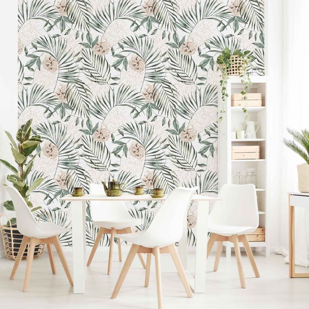 Wanddeko Wohnzimmer Tropische Palmenbögen mit Rosen Aquarell