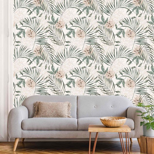 Wanddeko Schlafzimmer Tropische Palmenbögen mit Rosen Aquarell