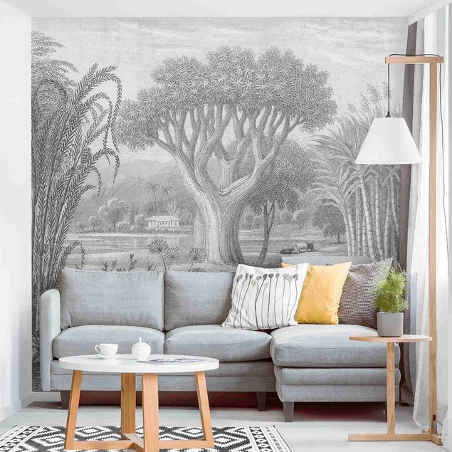 Wanddeko Wohnzimmer Tropischer Kupferstich Garten mit Teich in Grau