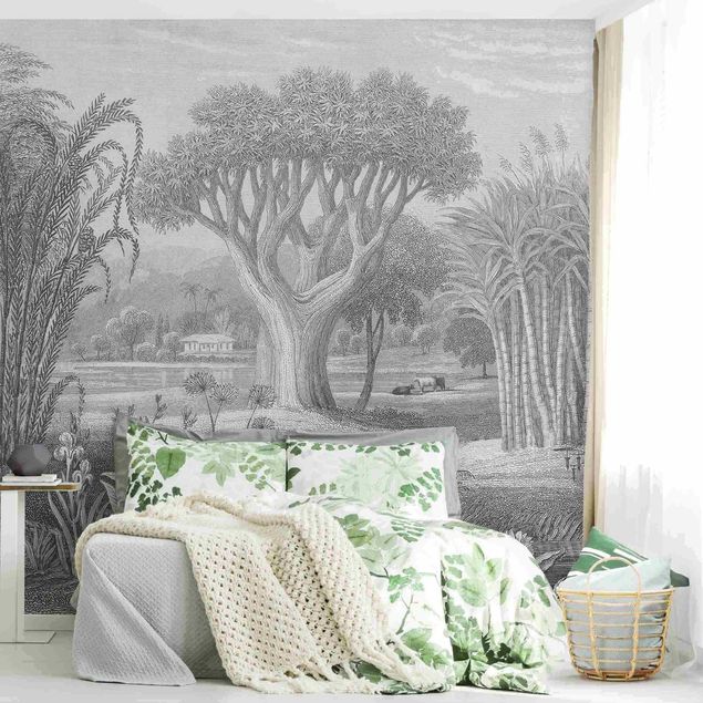 Wanddeko Schlafzimmer Tropischer Kupferstich Garten mit Teich in Grau