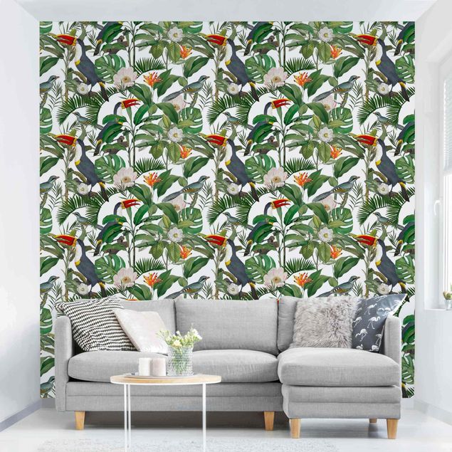 Wanddeko Wohnzimmer Tropischer Tukan mit Monstera und Palmenblättern