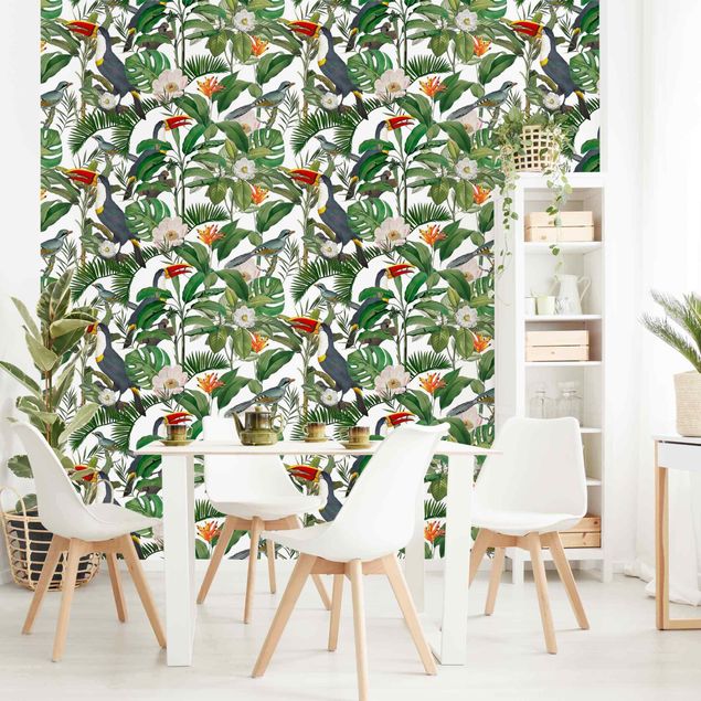 Wanddeko Esszimmer Tropischer Tukan mit Monstera und Palmenblättern