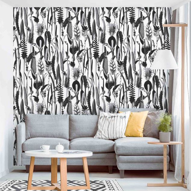 Wanddeko Wohnzimmer Tropisches Luxus Muster Schwarz-Weiß